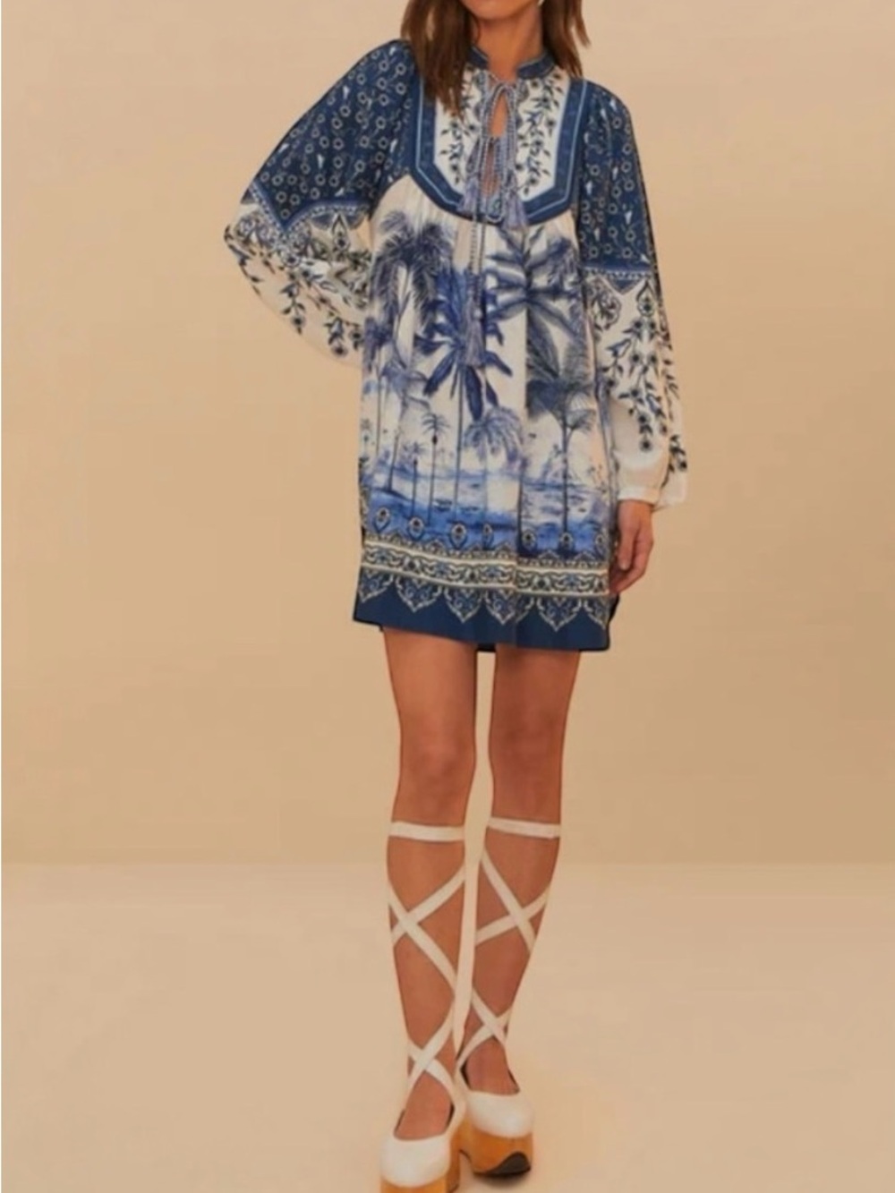 Farm Rio Palm Linen Blue & White Printed Boho Mini Dress